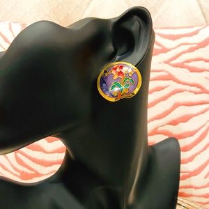 O6-BUNDLE ONLY!-Vintage Cloisonne Floral Butterfly Pierced Earrings
